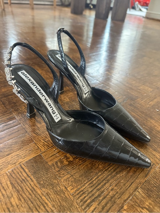 Alexander Wang Shoes - Alexander Wang Black Patent Croc-Embossed Slingback Heels with Crystal Strap